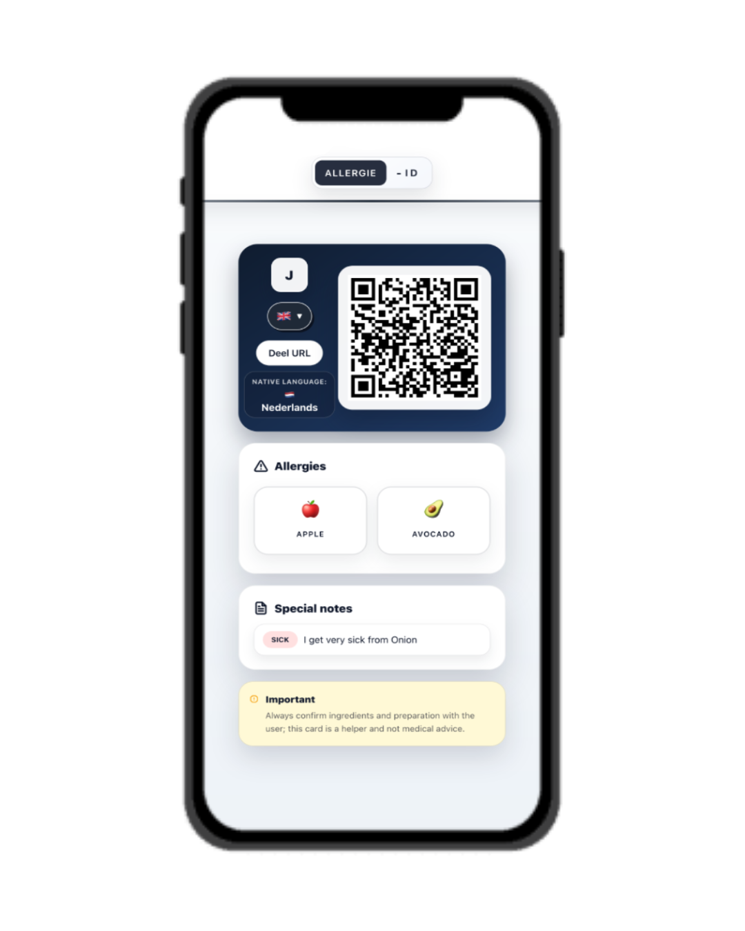 Telefoon met een Allergie-ID profielpagina