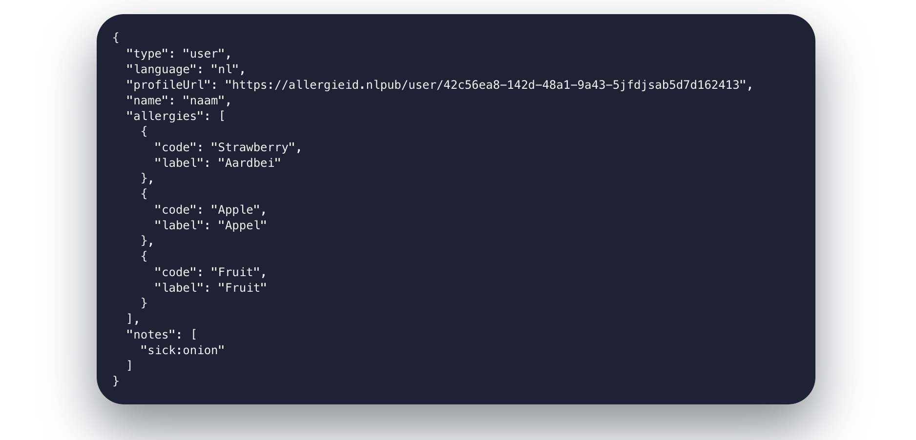 JSON voorbeeld van de Allergie-ID widget